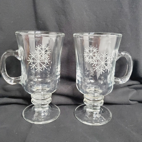 Libbey Vintage Snowflake Holiday Footed Clear Glass Cups Mugs Set of 2 - Picture 1 of 5